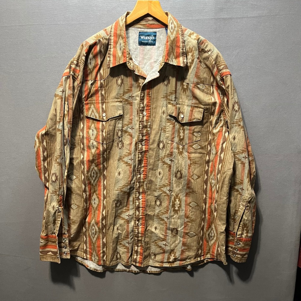 Wrangler Western Shirts Mens XXL Brown Orange Southwestern Aztec Pearl Snap Long